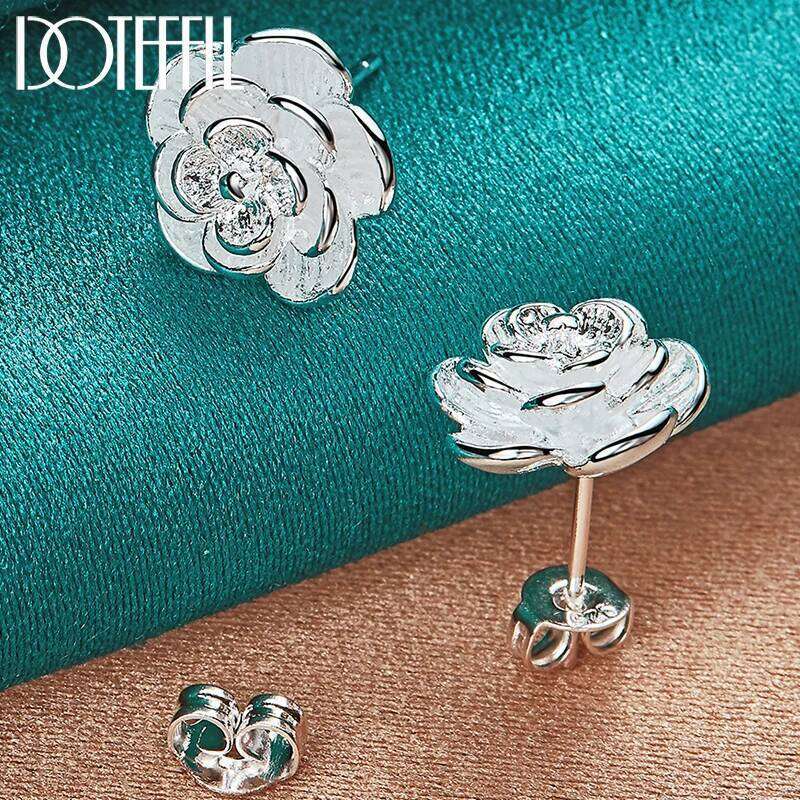 DOTEFFIL 925 Sterling Silver Rose Flowers Stud Earring For Woman Fashion Wedding Engagement Jewelry 62808