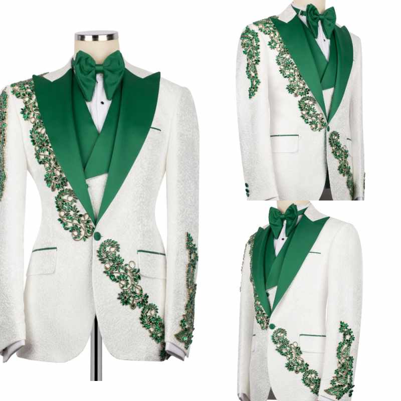 Modern Tailored Wedding Suits for Man 3 Pieces Blazer Pants Vest Peaked One Button Appliques Rhinestone Formal Wear Customized