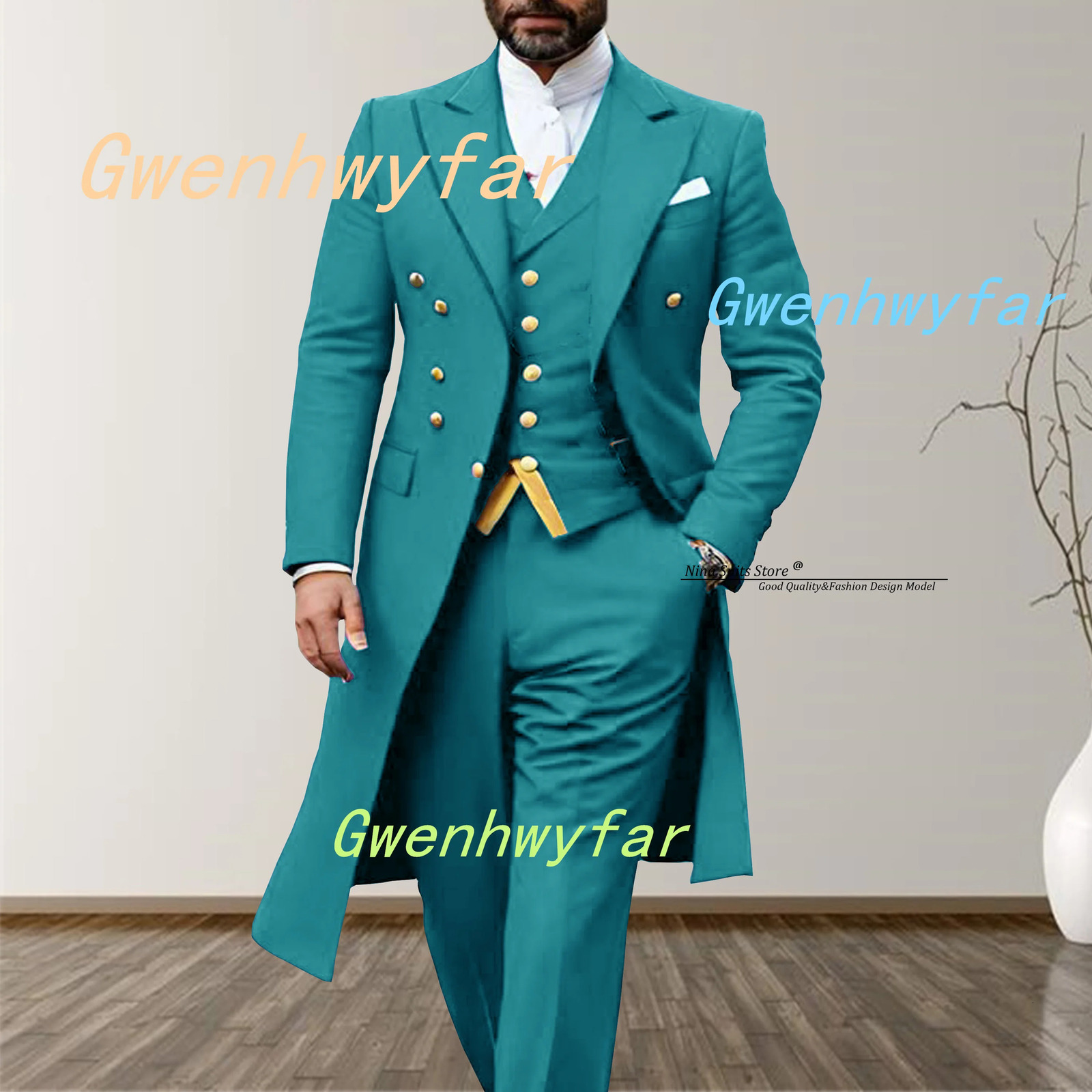 Gwenhwyfar 2025 Elegant Long Mens Suits 3piece set of Turquoise Wedding Costume with Golden Stitching Vest Casual Pants 260106
