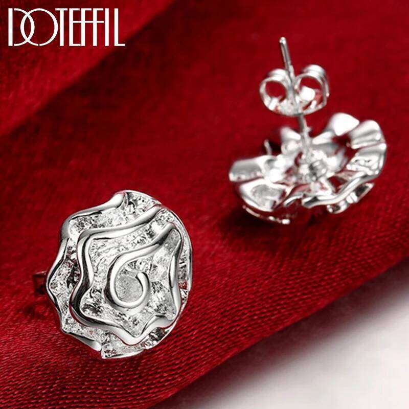 DOTEFFIL Cute Rose Flowers Stud Earrings 925 Sterling For Women Best Gift Wholesale High Quality Silver Jewelry 6fdf9