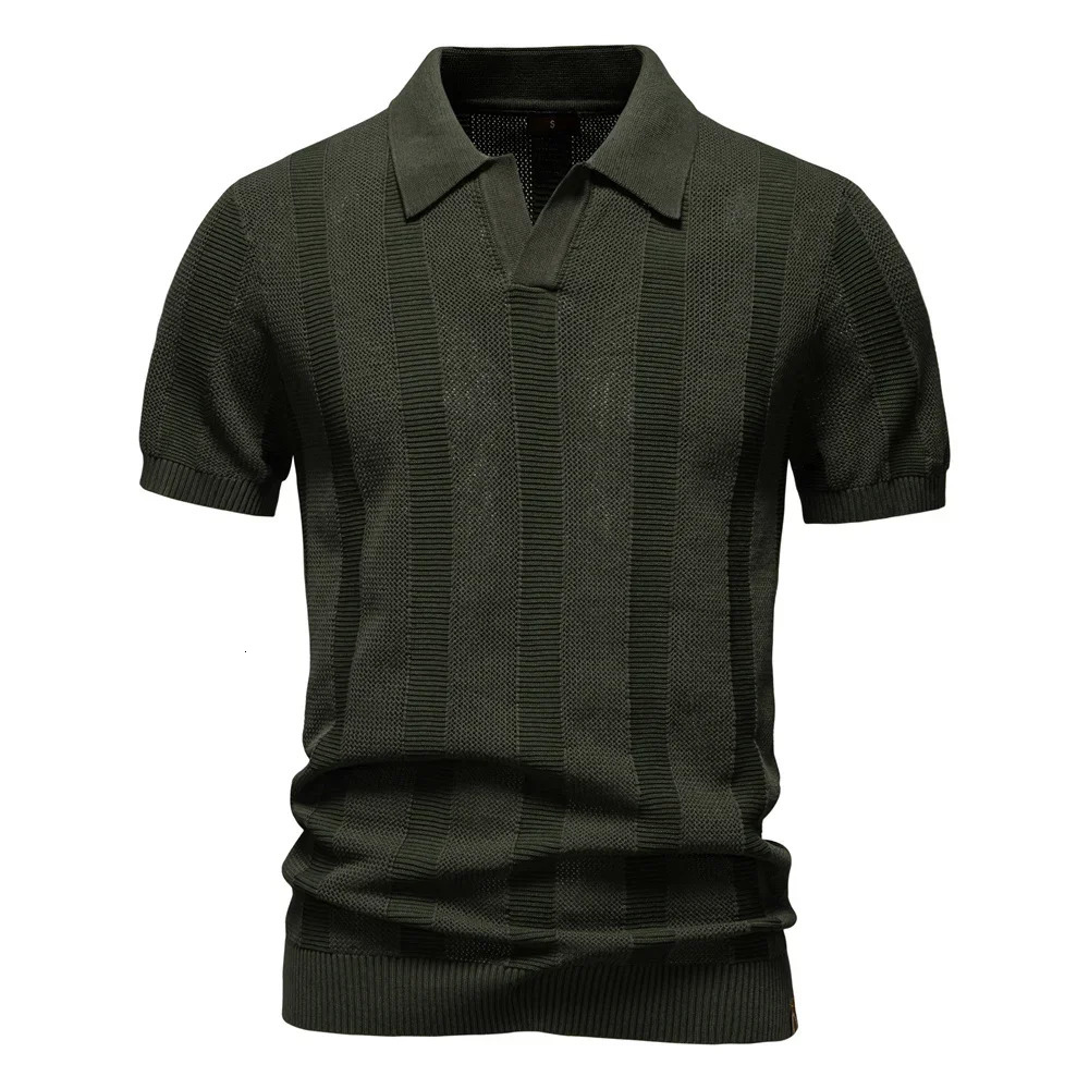 Mens Solid Striped Mesh Polo Shirt - Breathable Knit Casual Top with Turn-Down Collar 260106