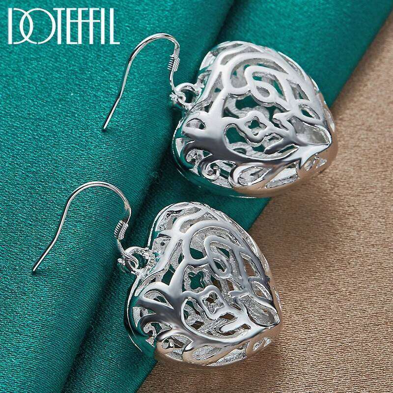 DOTEFFIL 925 Sterling Silver Heart-Shaped Geometric Hollow Earrings Charm Woman Jewelry Fashion Wedding Engagement Party Gift ea420