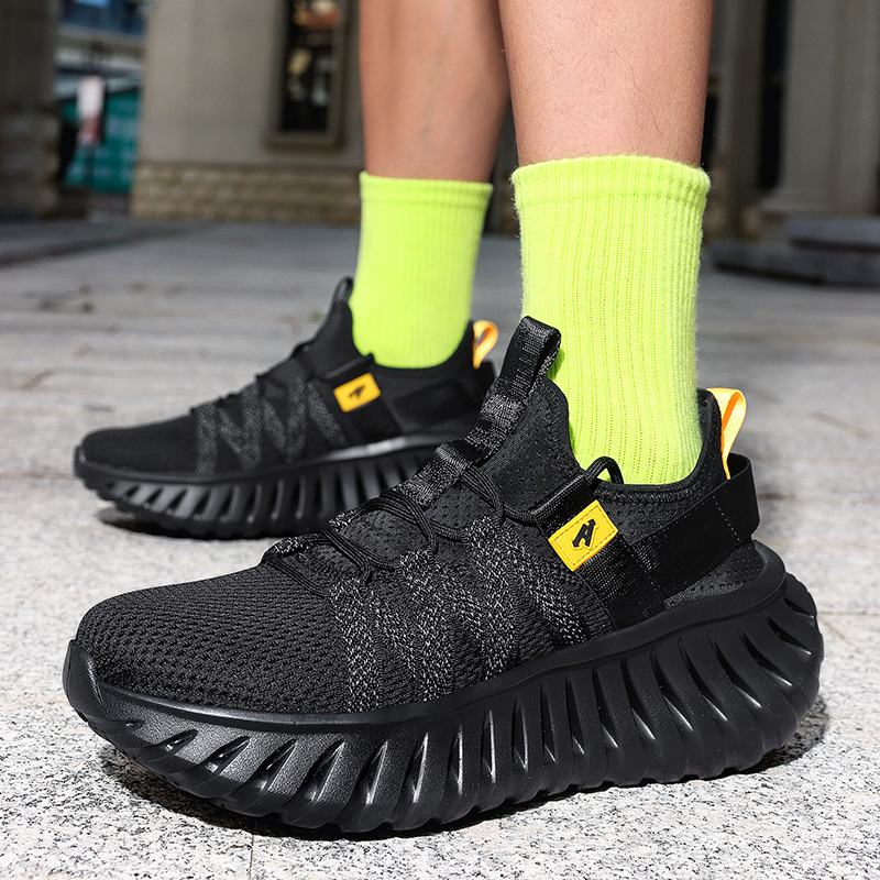 Luxury Brand Designer Shoes NHOT Trendy Men's Knit Mesh Athletic Sneakers All Black With Yellow Accents Cushioned Thick Sole Sports Casual Shoe