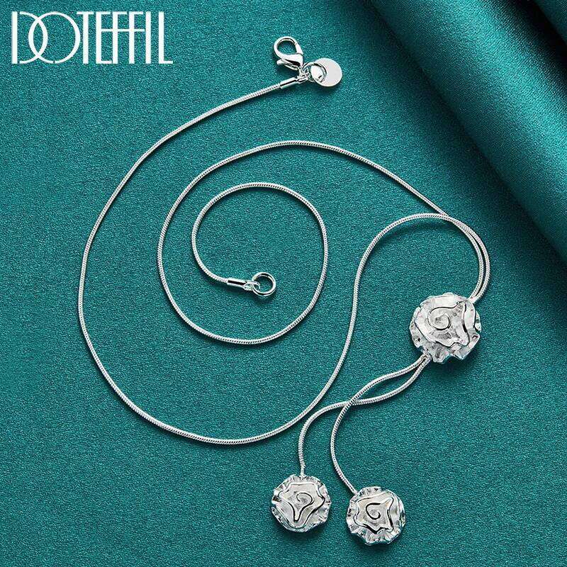 DOTEFFIL 925 Sterling Silver Three Rose Flower Pendant Necklace 20 Inch Snake Chain For Women Fashion Wedding Charm Jewelry 07827