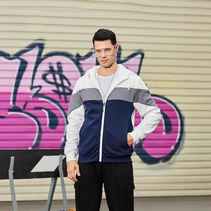 Cardigan décontracté européen printemps et automne, sweat-shirt à capuche avec bloc de couleurs, veste pour hommes, grande taille, Style américai