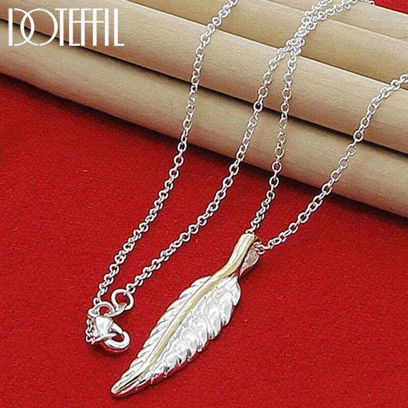DOTEFFIL 925 Sterling Silver Leaves Feather Pendant Necklace 18 Inch Chain For Women Wedding Engagement Fashion Charm Jewelry d1a7d