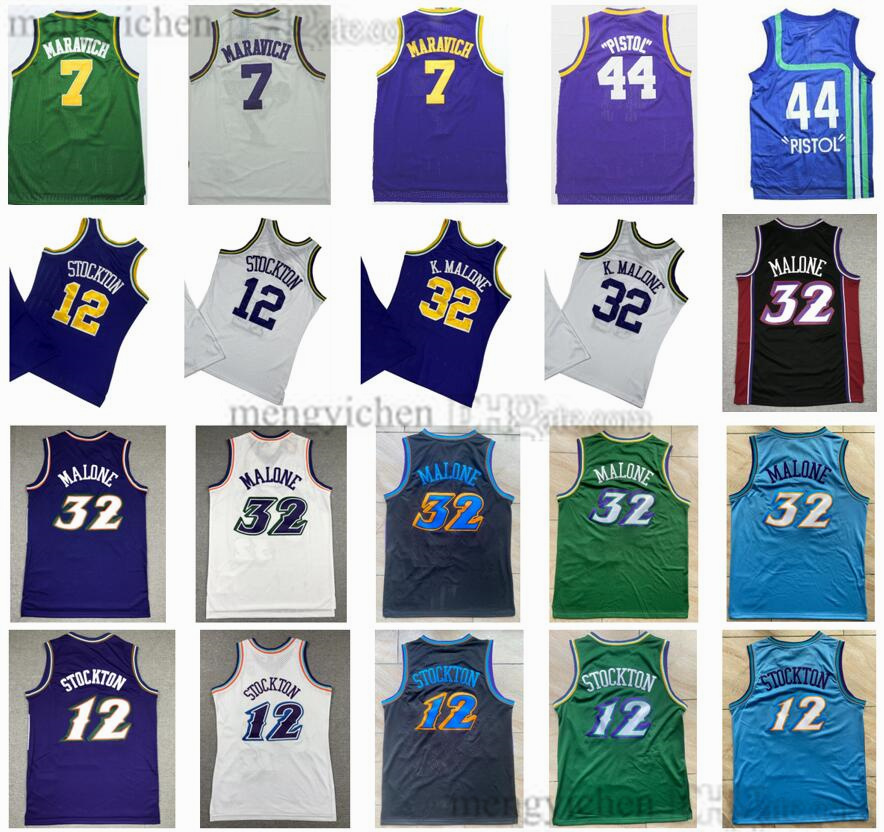 Maillots de basket-ball rétro pour hommes 12 John Stockton 32 Karl Malone 44 Pete 7 Maravich Vintage Mesh tout cousu