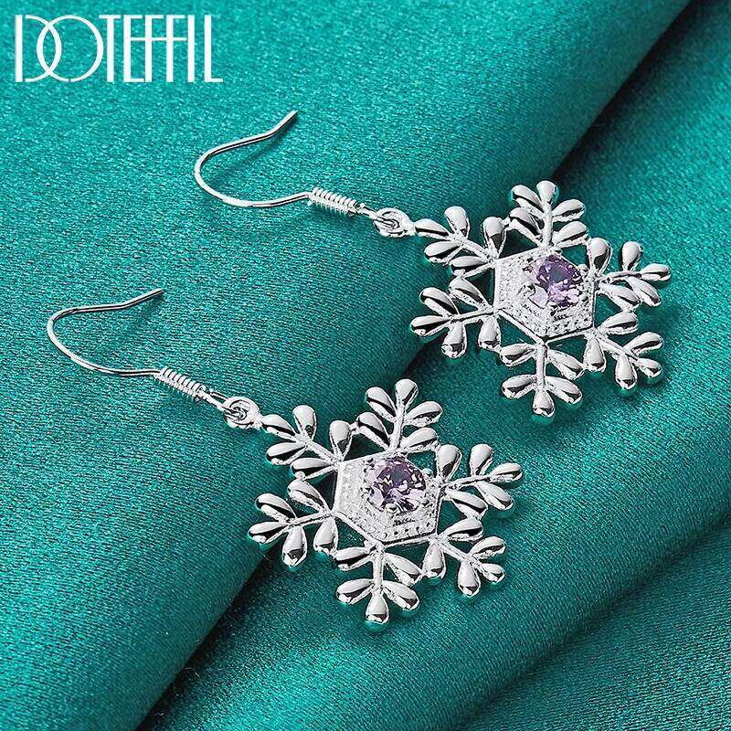 DOTEFFIL 925 Sterling Silver Snowflake Purple AAA Zircon Drop Earring Woman Wedding Party Fashion Charm Jewelry c7eba