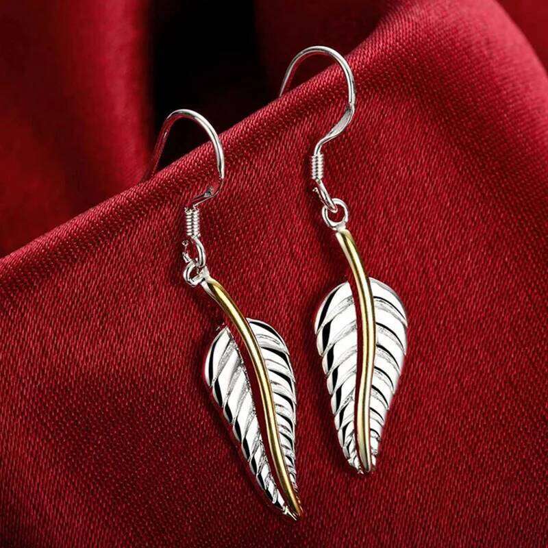 DOTEFFIL 925 Sterling Silver Gold Leaves Feathers Drop Earrings Wedding Engagement Party Fashion Charm Jewelry 3d1e6