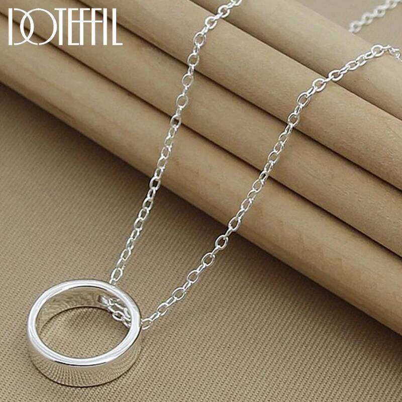 DOTEFFIL 925 Sterling Silver Round Circle Hollow Pendants Necklaces 18 Inch Chain For Women Wedding Engagement Party Jewelry 5b357
