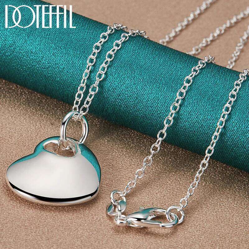 DOTEFFIL 925 Sterling Silver Solid Heart Smooth Pendant Necklace Chain For Woman Man Wedding Engagement Party Charm Jewelry efeb0