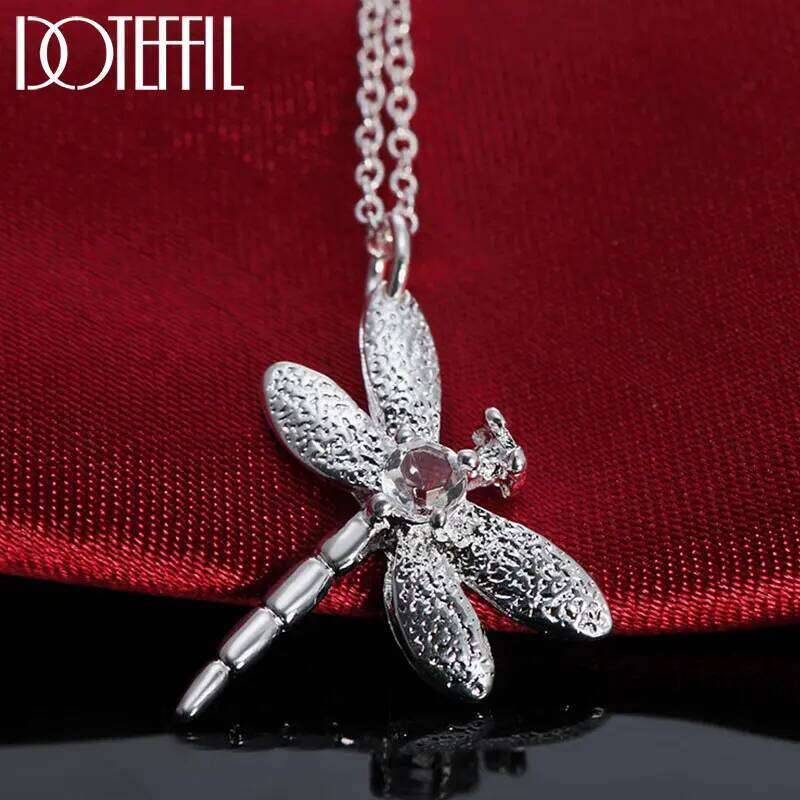 DOTEFFIL 925 Sterling Silver 18 Inch Crystal Dragonfly Pendant Necklace For Women Fashion Wedding Party Charm Jewelry 48f8d