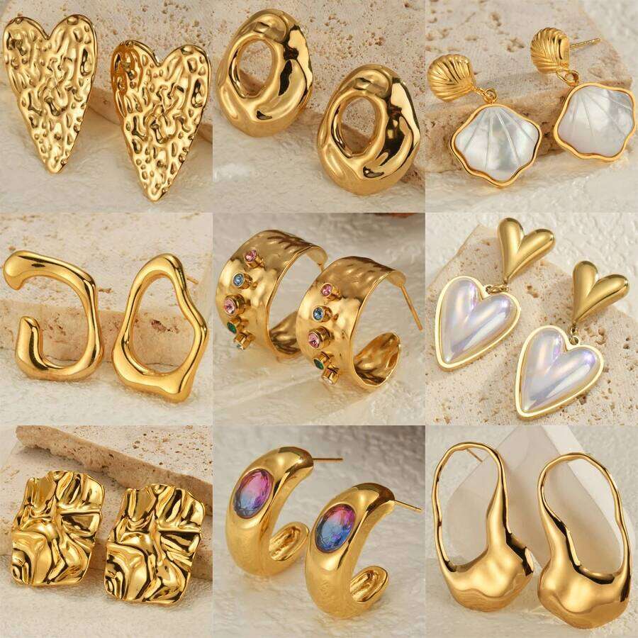 Freeteeme Vintage 18k Gold Plated Heart Shell Stud Earrings Stainless Steel for Women Party Fashion Geometric Jewelry Accessory 116af