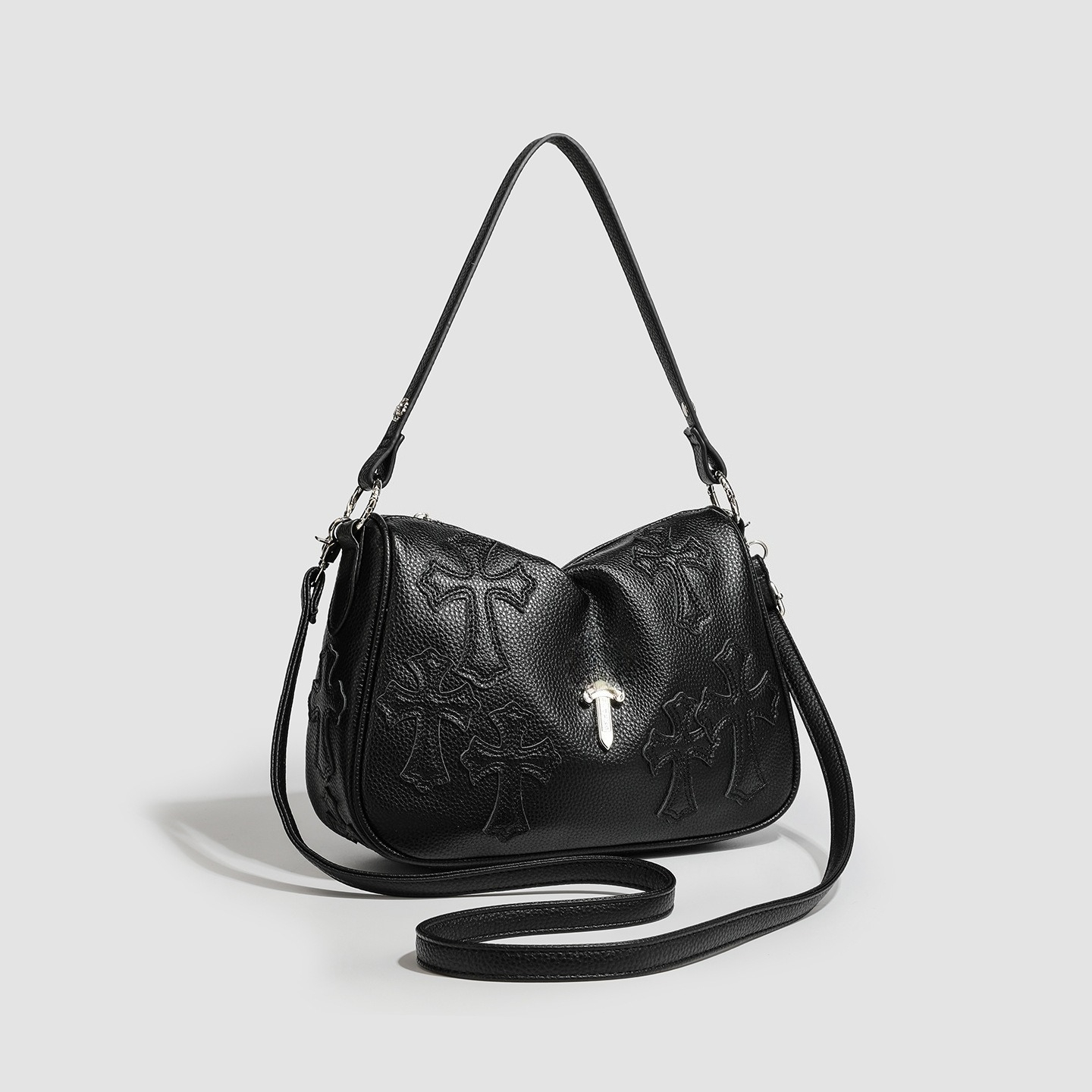 High Quality Genuine Leather Women's Underarm Bag Designer Style Retro Fashion Shoulder Top Handle Bag with Sword Embroidery Applique Leather C