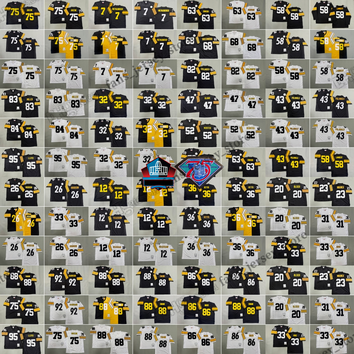 75 Joe Greene 1975 Maillots de bricolage Throwback 12 Terry Bradshaw 1982 32 Franco Harris 1976 Hines Ward Jerome Bettis Lambert Roethlisberger S