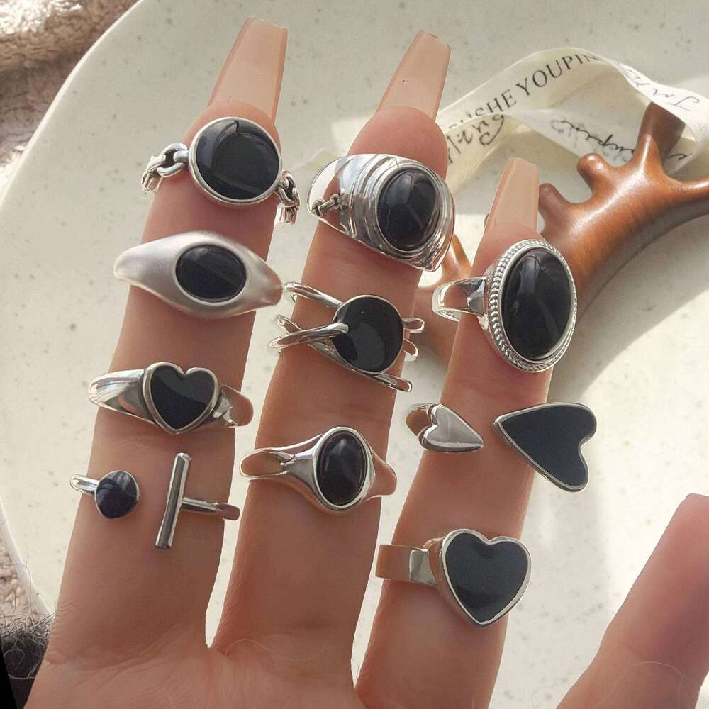 925 Sterling Silver Rings For Women Simple Handmade Adjustable Finger Black Stone Ring Fashion Band Female Bijoux Gift 05660