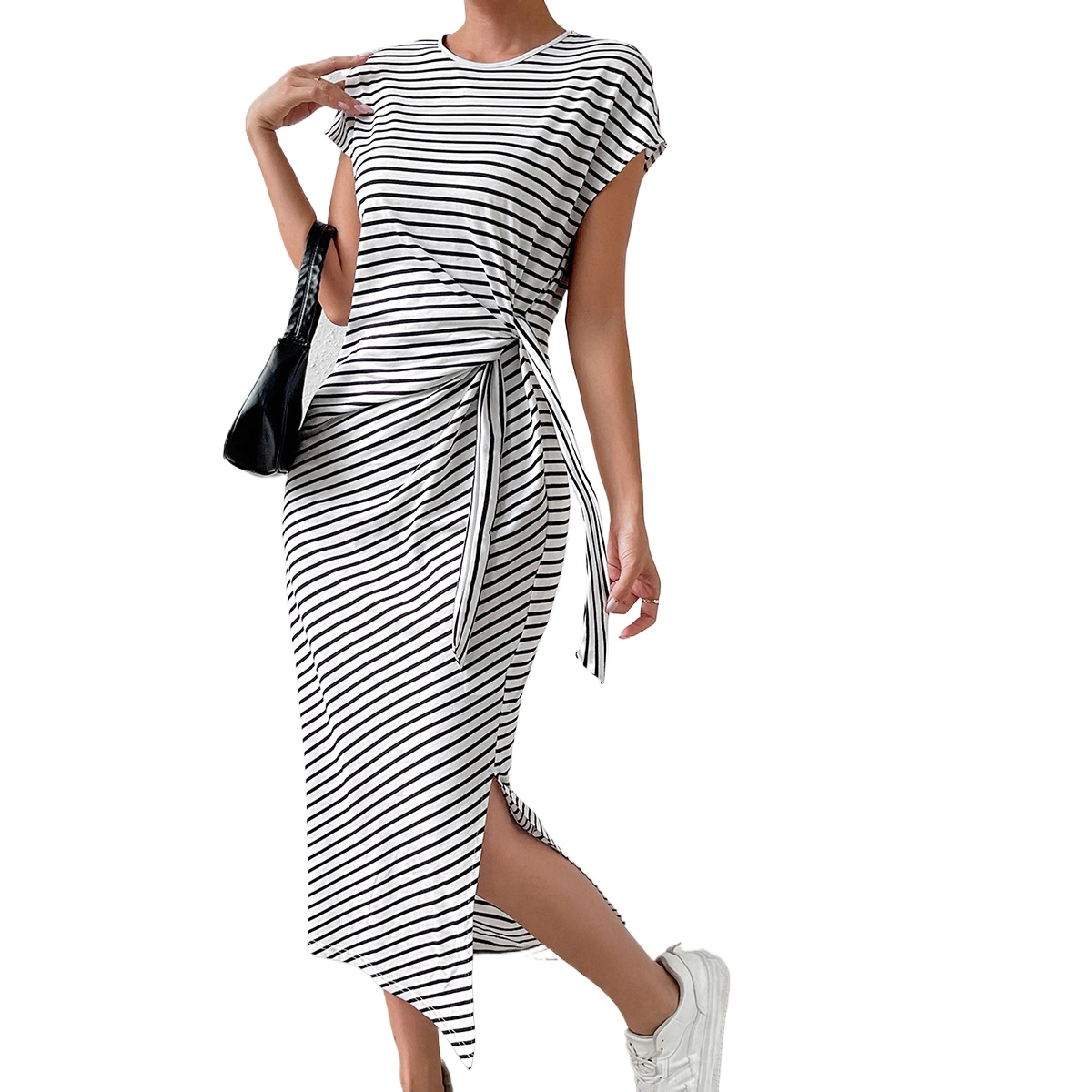 A0122 robe Maxi rayée, nouveau Style d'exportation, coupe ajustée, définissant la taille, robe fendue à col rond pour femmes, vêtements grande ta