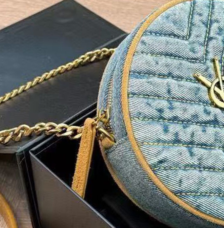 2026 New Designer Denim Checkered Round Bag High-Quality Women's Shoulder Bag Classic Fashion Light Luxury Evening Street Bag 10A