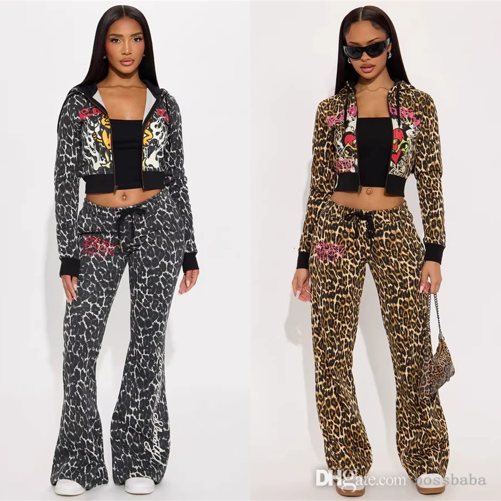 2026 Fashion Womens Tracksuits Two Piece Set Positioning Printed Leopard Jacket Top And Flared Pants Hooded Hoodies Casual 2Pcs Track Suit Outfits