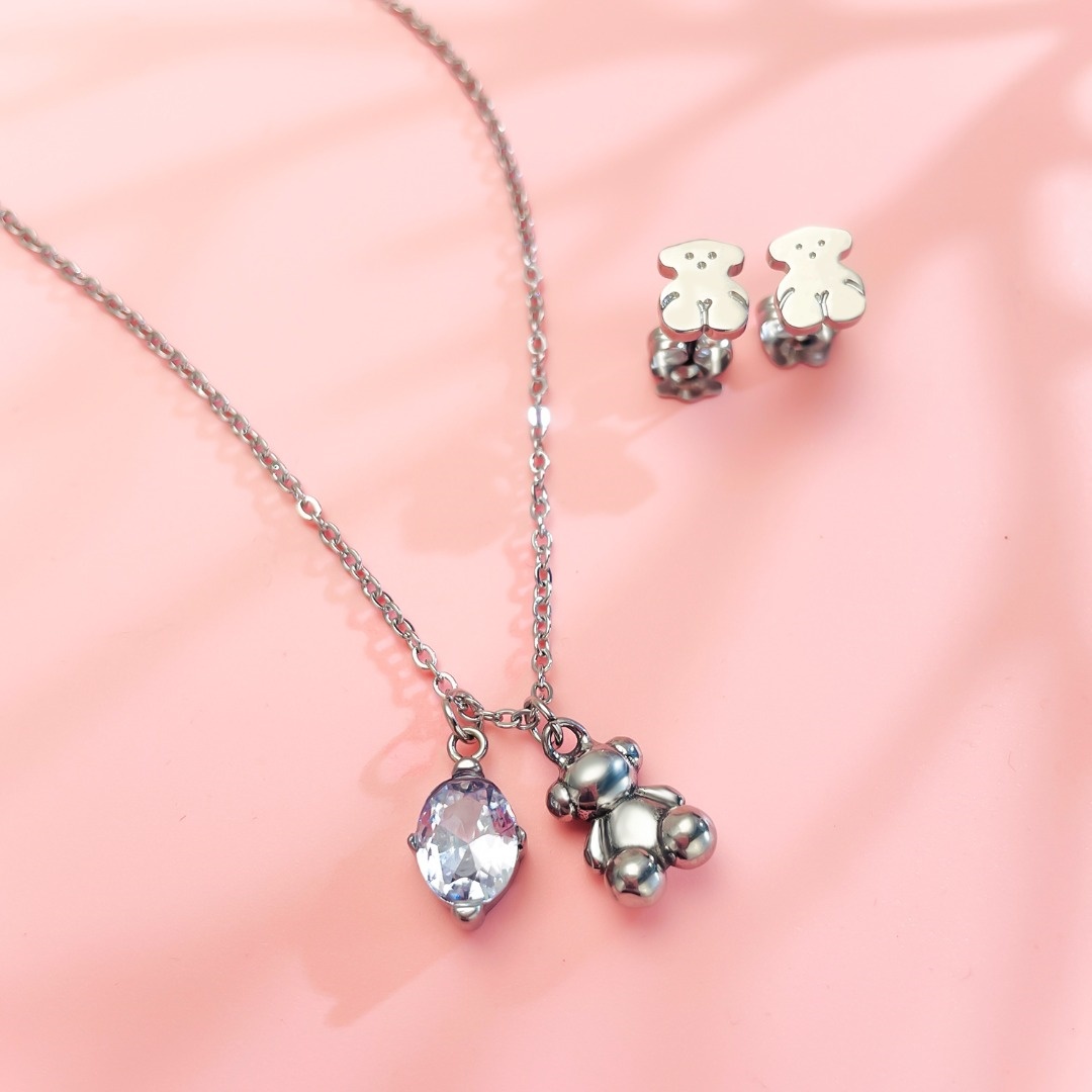 New Fashion Women Girls Silver Gold Stainless Steel Span Bear Cartoon Animal Blue Red Black Water Drop Zircon Pendant Earrings Jewelry-image-1091249666