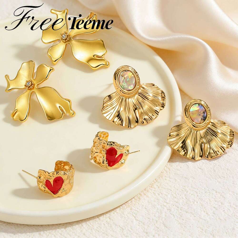 Freeteeme Trendy Multi-Style Flower Stud for Women Stainless Steel Gold Plated Red Heart Pleated Earrings Jewelry Gifts 1daf6