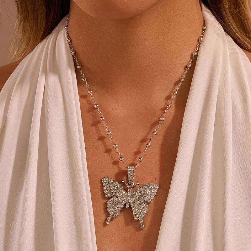 Elegant Statement Crystal Butterfly Pendant Necklaces for Women Girls Bling Tennis Chain Beads Choker Necklace Party Jewelry 56eb8