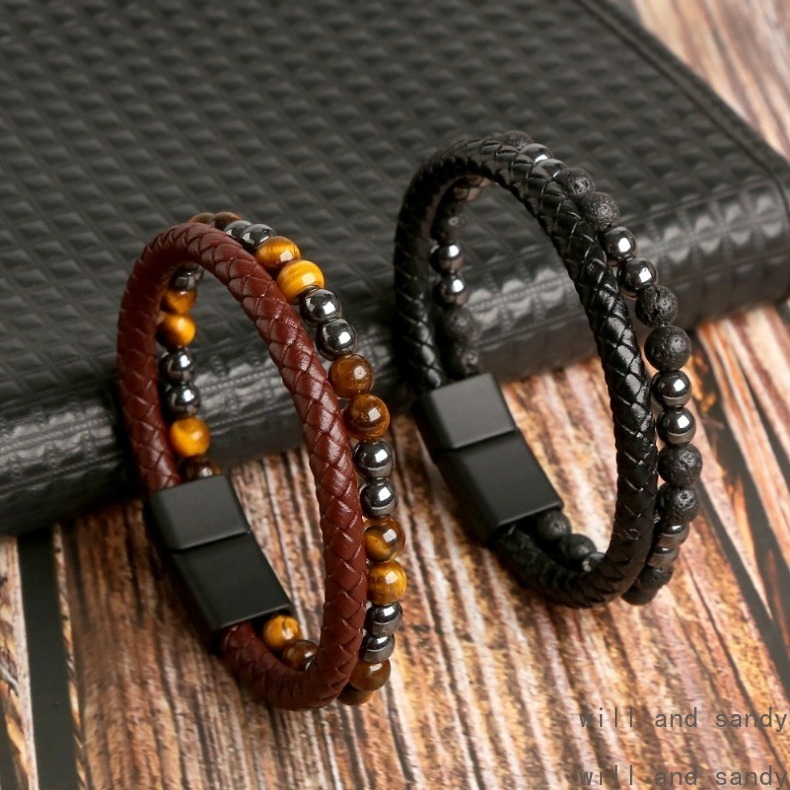 Bracelet en Cuir Multicouche Pile Bracelet Oeil de Tigre Lave Pierre Naturelle Bracelets de Perles Bracelet Manchette pour Femmes Hommes Bijoux F