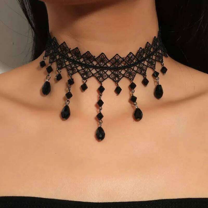 Punk Gothic Lace Crystal Flower For Women Fashion Black Leather Velvet Short Sexy Choker Necklace Jewelry 68558
