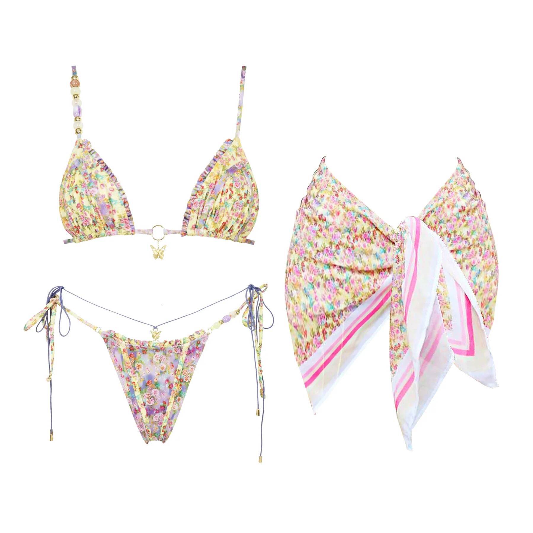 2025 Sexy Bikini Set Women Swimsuit Push Up Swimwear Female Bandeau Biquini Halter Bathing Suit Floral Print Bodysuit Beachwea dongdumaoyi
