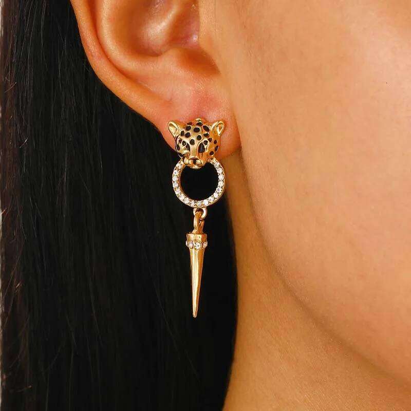 Trendy Metal Leopard Head Rivet Drop for Women Punk Hip Hop Gold Color Crystal Geometric Earrings Party Jewelry Gifts e23e2