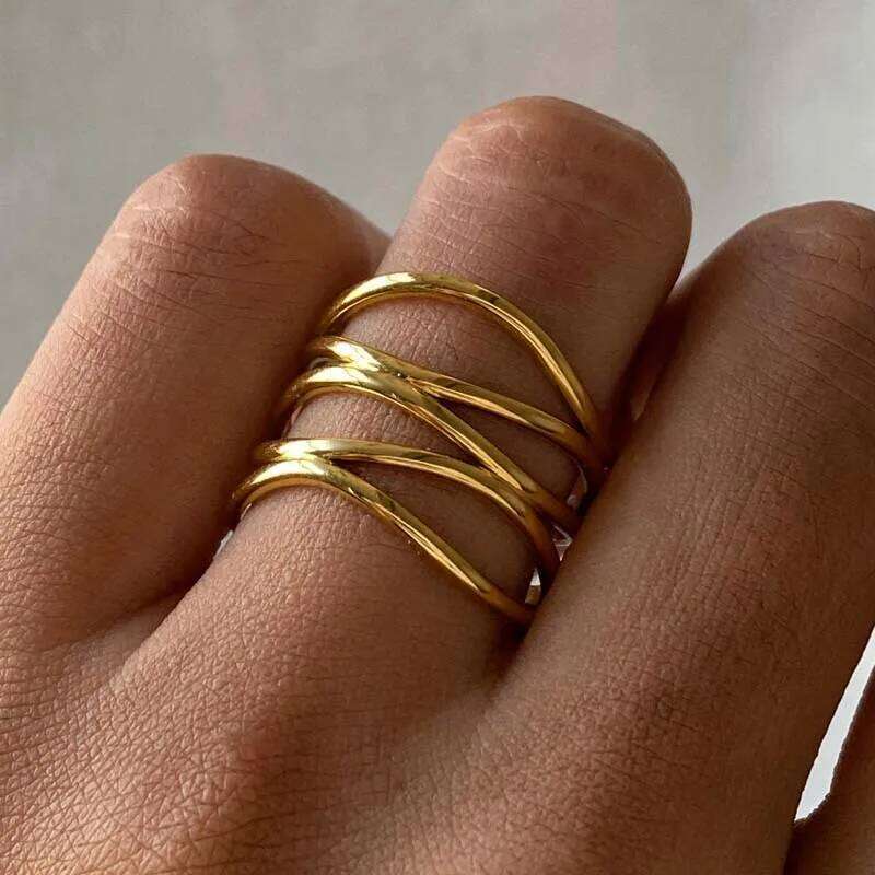 Stainless Steel Metal Irregular Line Open Rings For Women Minimalist Gold Color Geometric Curved Adjustable Ring Jewelry Gift a2679