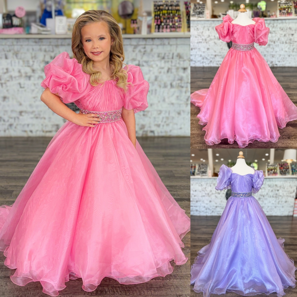 Mini robe de concours de beauté rose pour fille, manches bouffantes, robe de bal en organza, robe de cocktail d'anniversaire pour petit enfant, a