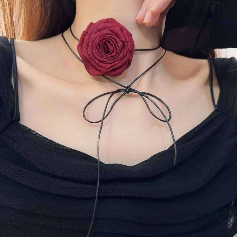 Vintage Red Rose Flower Choker Necklaces for Women Elegant Black Leather Rope Bowknot Adjustable Necklace Y2K Aesthetic Jewelry c8fb7