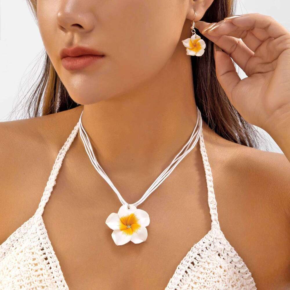 Fashion Elegant Big Flower Set for Women White Pink Purple Blue Resin Flowers Necklace Earring Girls Beach Party Jewelry ffed9