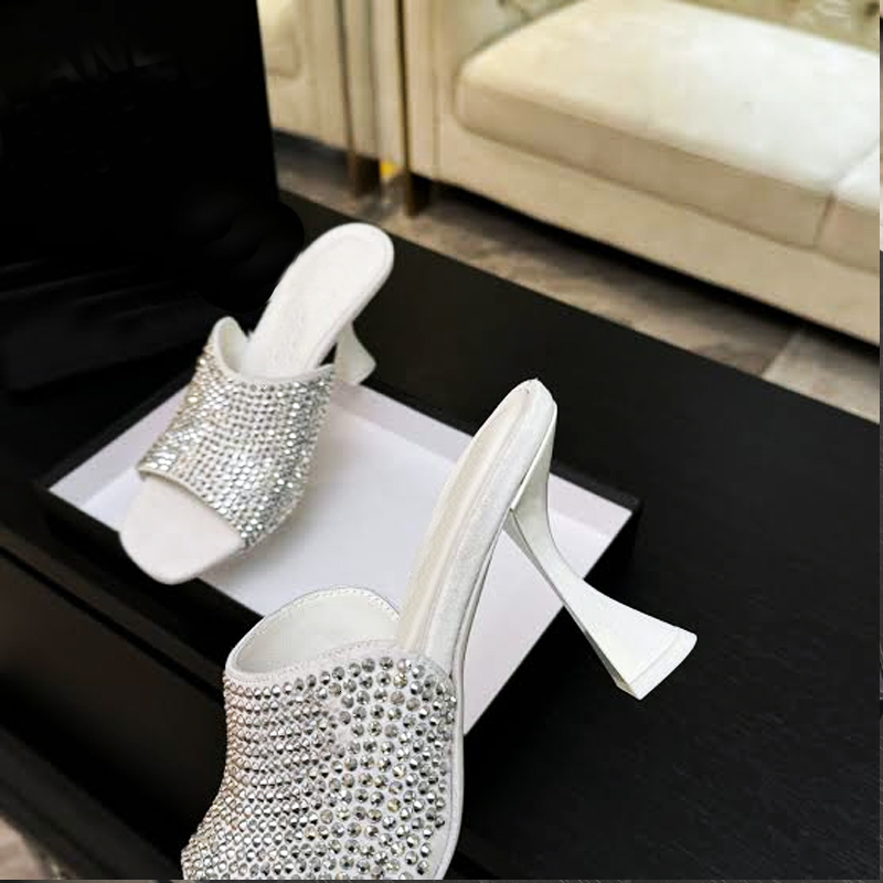 Designer Womens Heels Leather Mule Sandals Rhinestone Mule Crystals Slippers High Heel Summer Mule Sandals 1028