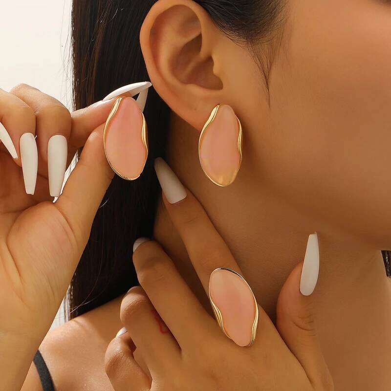Vintage Coffee Colorful Resin Oval Irregular Stud Earring Rings Set for Women Fashion Metal Transparent Open Finger Ring Jewelry c3f8e