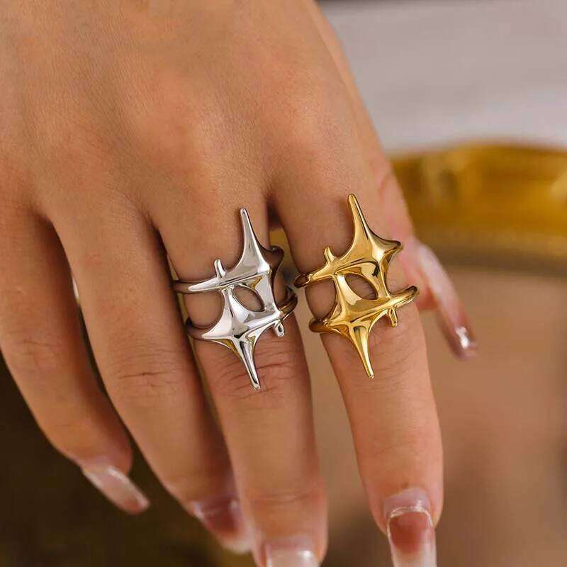 2025 New Trendy Gold Color Star Shape Open for Women Men Punk Hip Hop Metal Cross Adjustable Couple Rings Y2K Jewelry Gift 00a6d