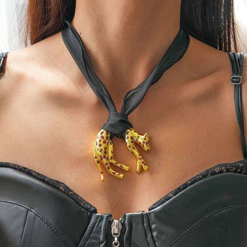 European and American Drip Oil Leopard Pendant Necklace for Women Creative Black Mesh Detachable Clavicle Chain Fashion Jewelry 8f3fe