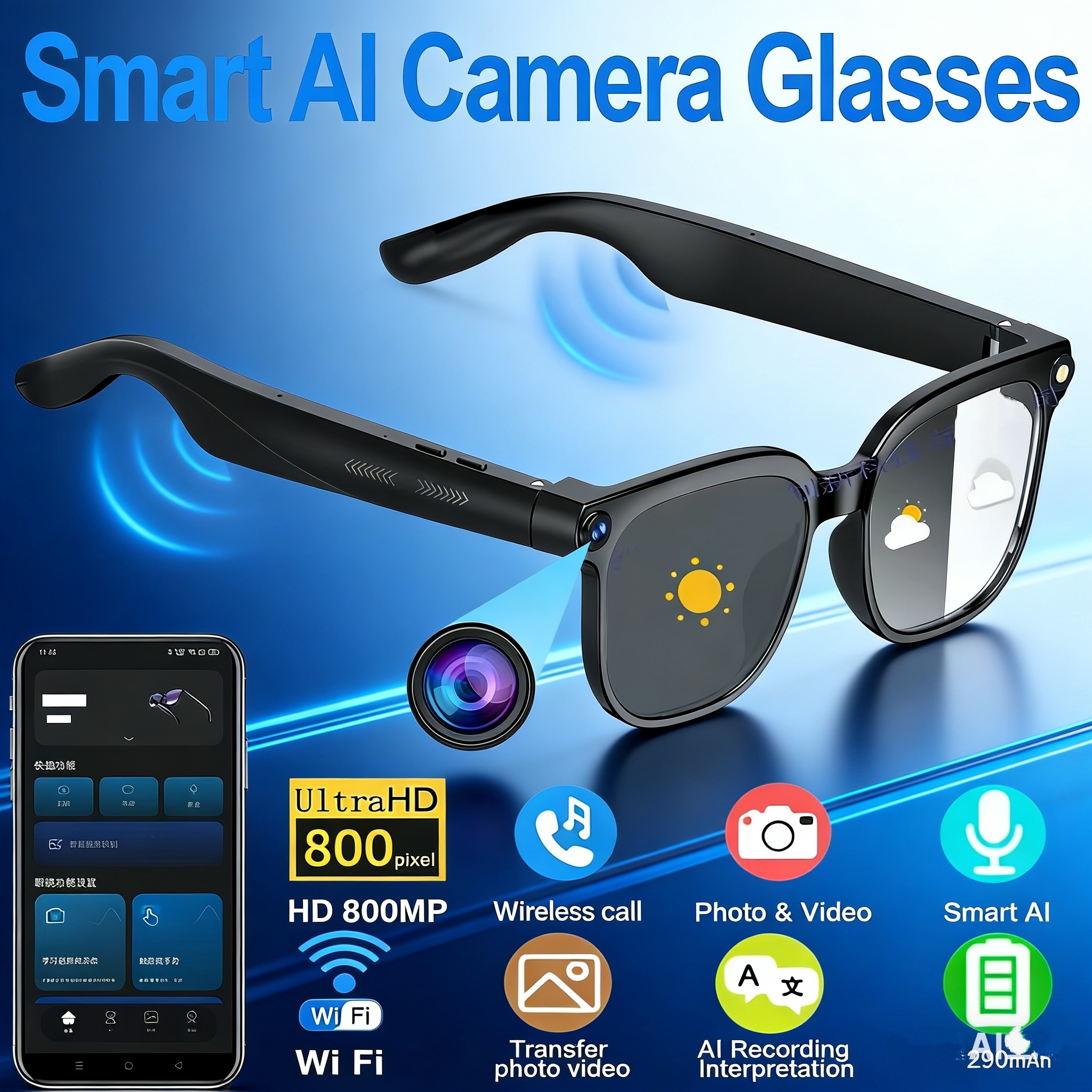 AIMB-G3 smart glasses with camera: 8-megapixel photo capture, 1080P HD video recording, AI voice assistant, and Bluetooth calling.-image-1091221577