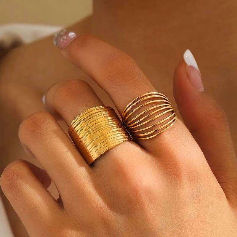 Stainless Steel Metal Hollow Line Texture Open Rings For Women Minimalist Gold Color Irregular Geometric Adjustable Ring Jewelry 4e781