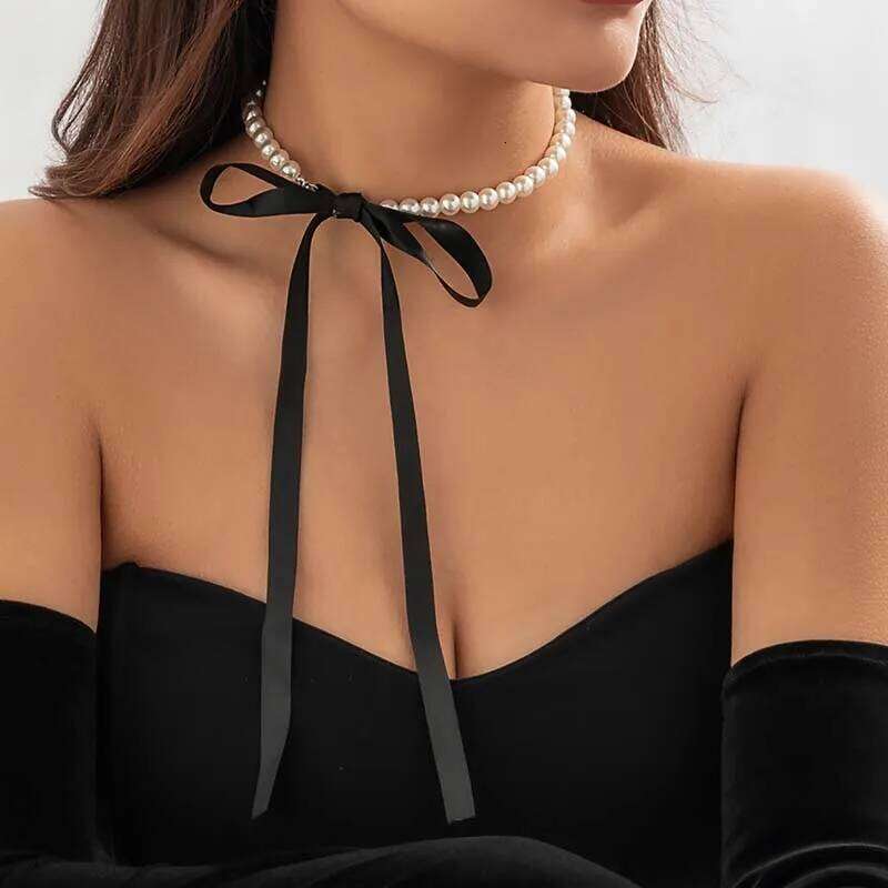 Punk Gothic Black Long Ribbon Bowknot Choker Necklace for Women Elegant White Simulated Pearl Clavicle Chain Y2K Jewelry 3e347