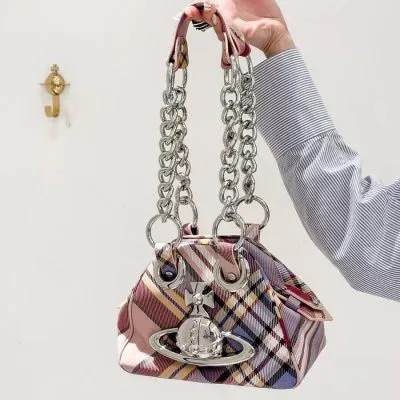 Designer VIviane Weswood Internet Celebrity Spring Summer New Womens Bag Fashionable Elegant Spaceship Striped Plaid Fabric Chain Shoulder Underarm