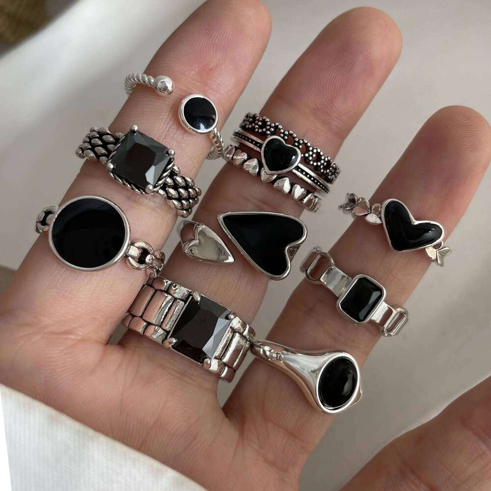 925 Sterling Silver Rings For Women Vintage Handmade Adjustable Black Heart Ring Fashion Band Female Bijoux Gift 6006d