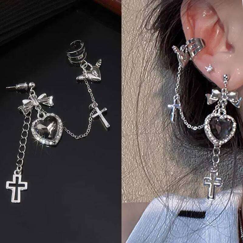 Punk Gothic Black Crystal Heart Chain Cuff for Men Women Hip Hop Metal Cross Ear Clip On Earrings Egirl Jewelry Gift 80c66