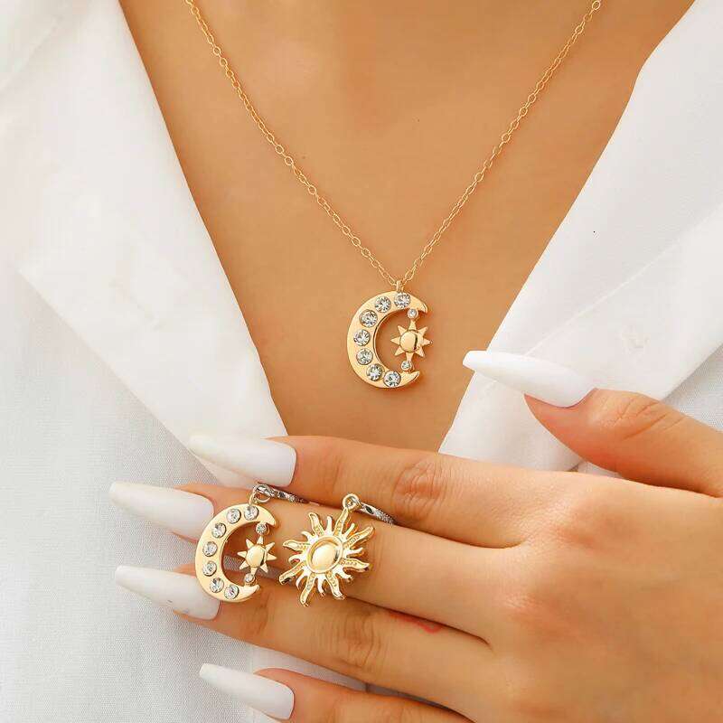 Luxury Crescent Sun Zircon Pendant Earrings Necklace Set for Women Minimalist Metal Star Moon Clavicle Chain Fashion Jewelry