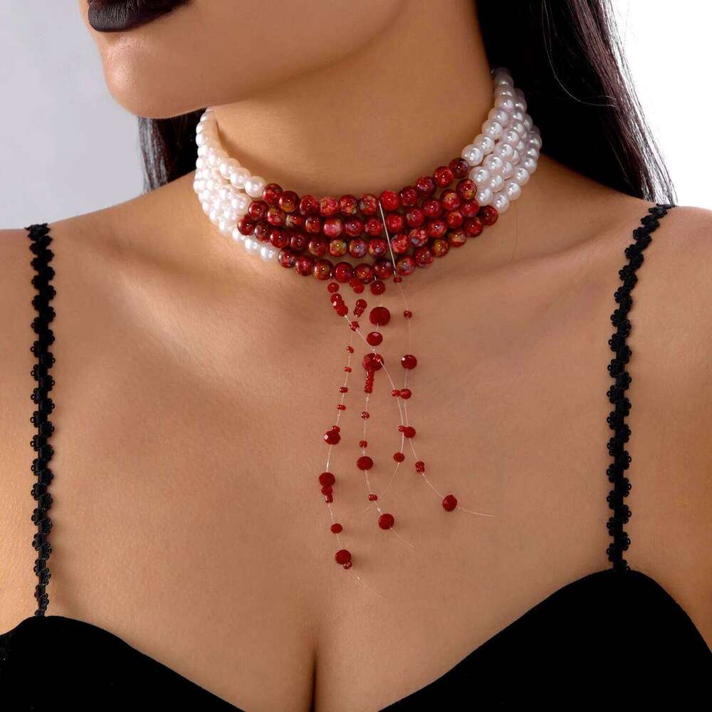 Multilayer Vintage Dripping Blood Imitation Pearl Necklace For Women Halloween Gothic Tassel Bead Chain Choker Party Jewelry 50efd