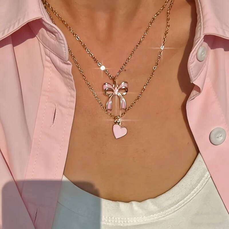 Exquisite Pink Drip Oil Bow Pendant Necklaces for Women Sweet Girls Niche Heart-Shaped Double-Layer Clavicle Chain Party Jewelry ed96a