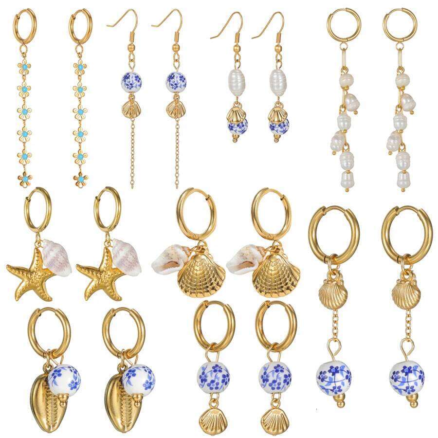 Freeteeme Trendy Ceramic Shell Women Dangle Gold Color Flower Starfish Charms Ocean Series Tassel Earrings Daily Gifts 93b40