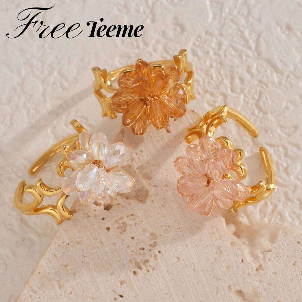 Freeteeme New Simple Beaded Flower Open Ring for Women Stainless Steel Gold Color Rings Jewelry Birthday Gifts a0e54