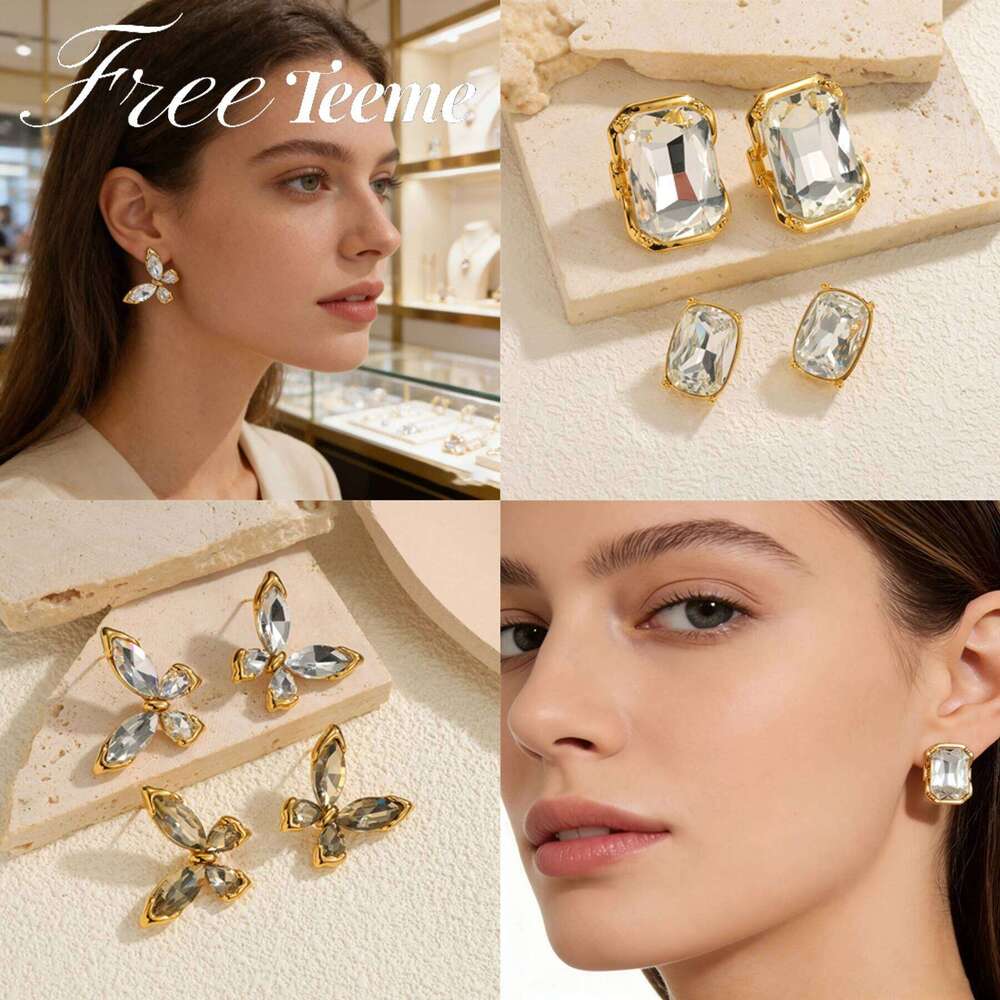 Freeteeme Light Luxury Square Zircon Butterfly Earrings Stainless Steel Sparkling Simple Ear Studs Banquet Jewelry Birthday Gift 6a138